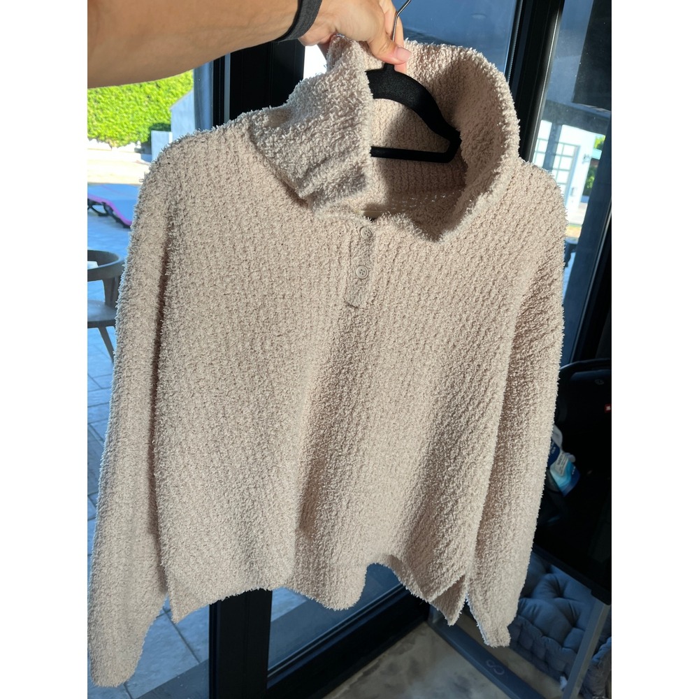 Saltwater Luxe Tan Popcorn Knit Henley Sweater Mock Neck Pullover Boho Cozy S